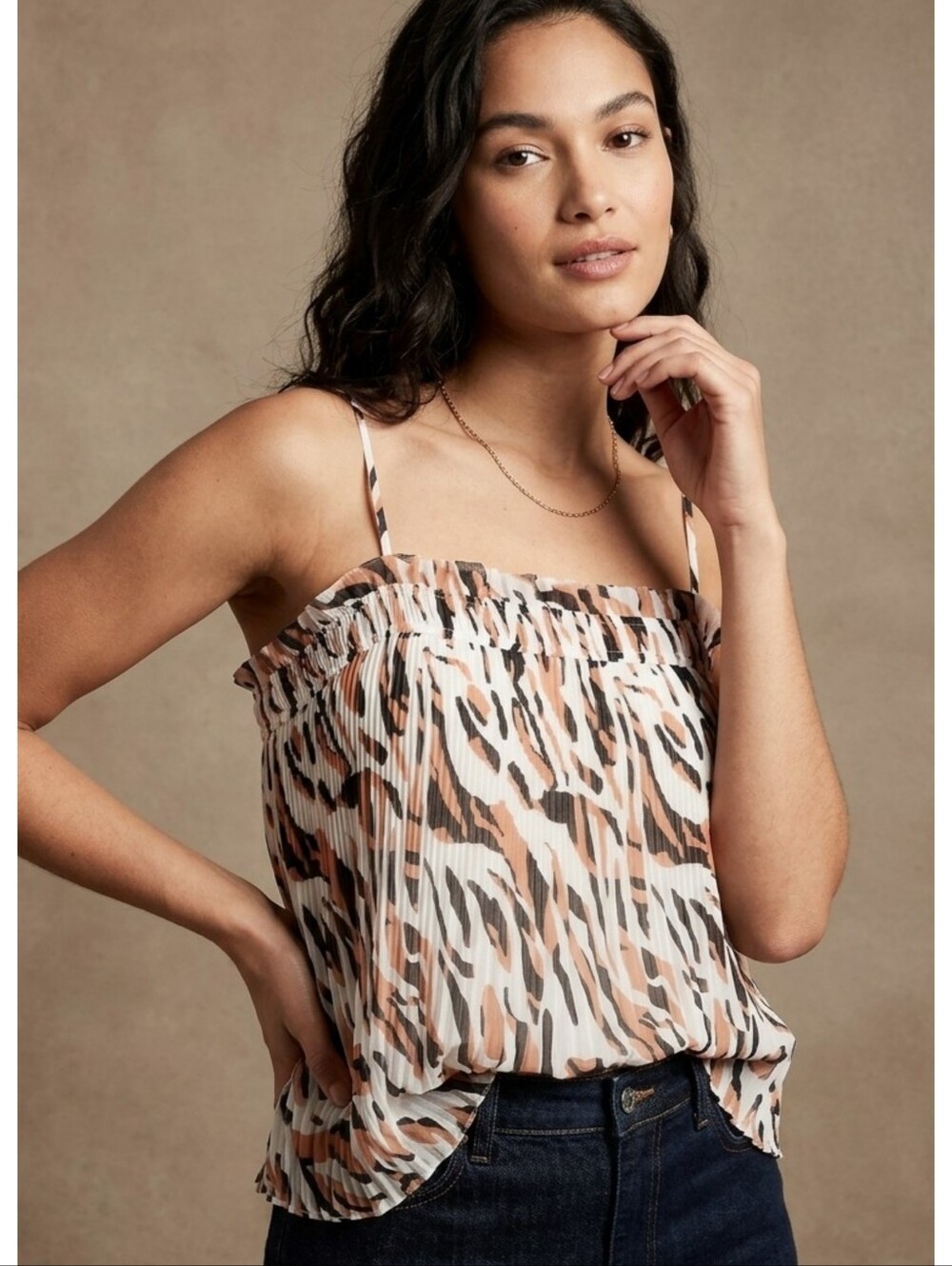 Nine West Pleated Smocked Tank Top Leopard Print Size L